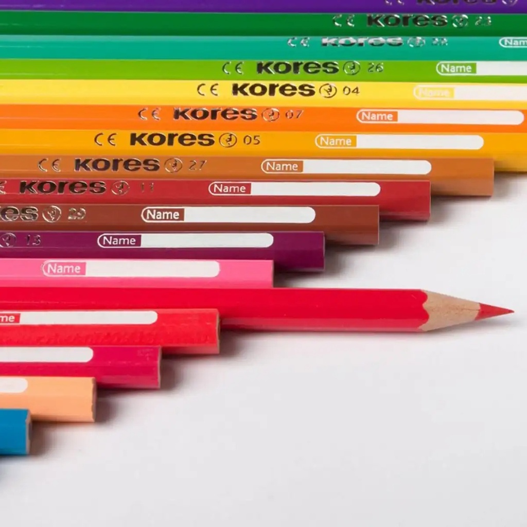Creioane triunghiulare Kores, cu ascutitoare, 12 culori/set