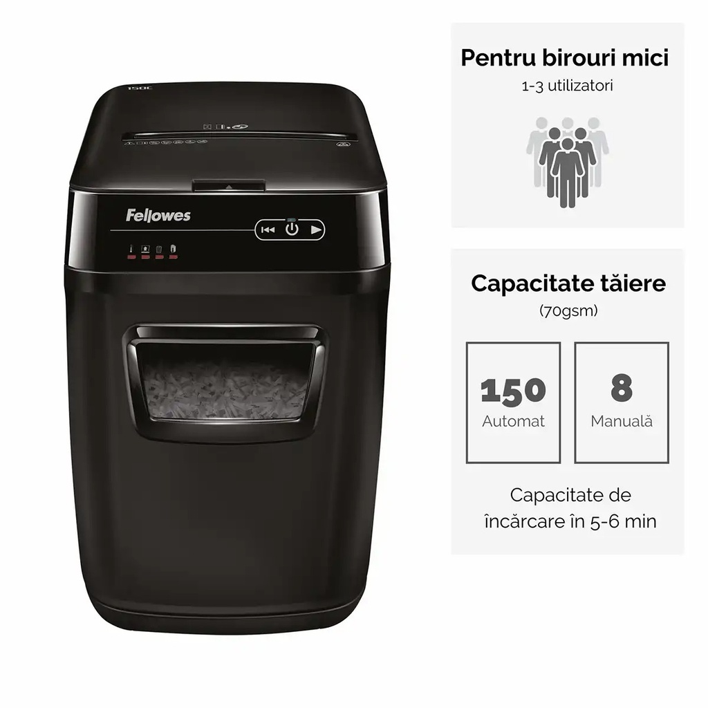 Distrugator Fellowes Automax 150c AUTO FEED CROSS CUT, negru, auto-reverse, sleep-mode