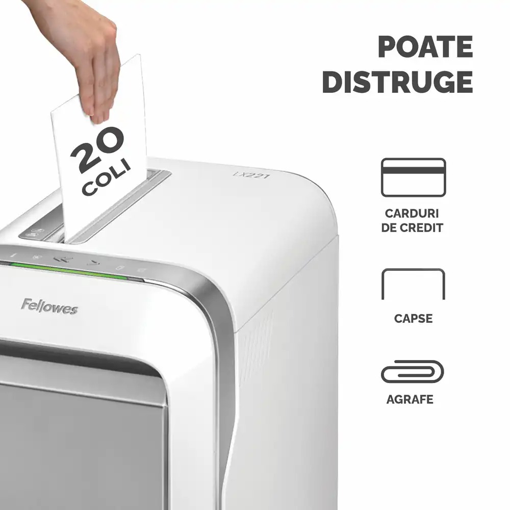Distrugator documente Fellowes LX221 Alb, micro taieri, functionare silentioasa