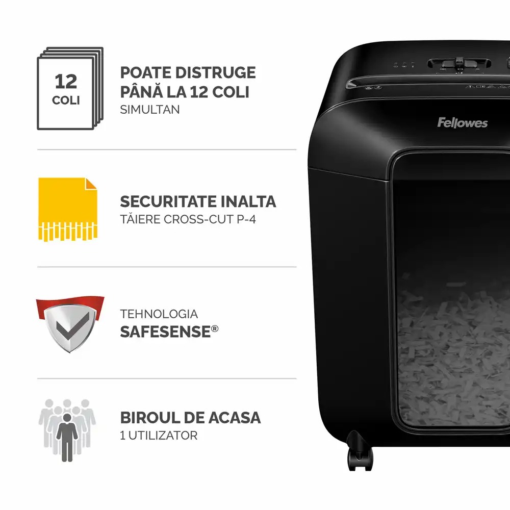 Distrugator documente Fellowes LX85, cross cut, 12 coli, negru