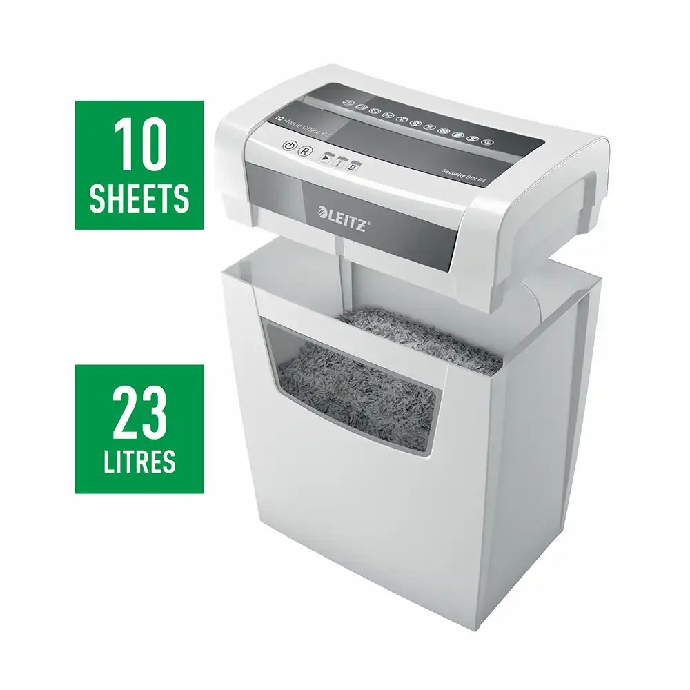 Distrugator documente manual Leitz IQ Home Office, P4, cross-cut (confeti), 10 coli, cos 23l, alb