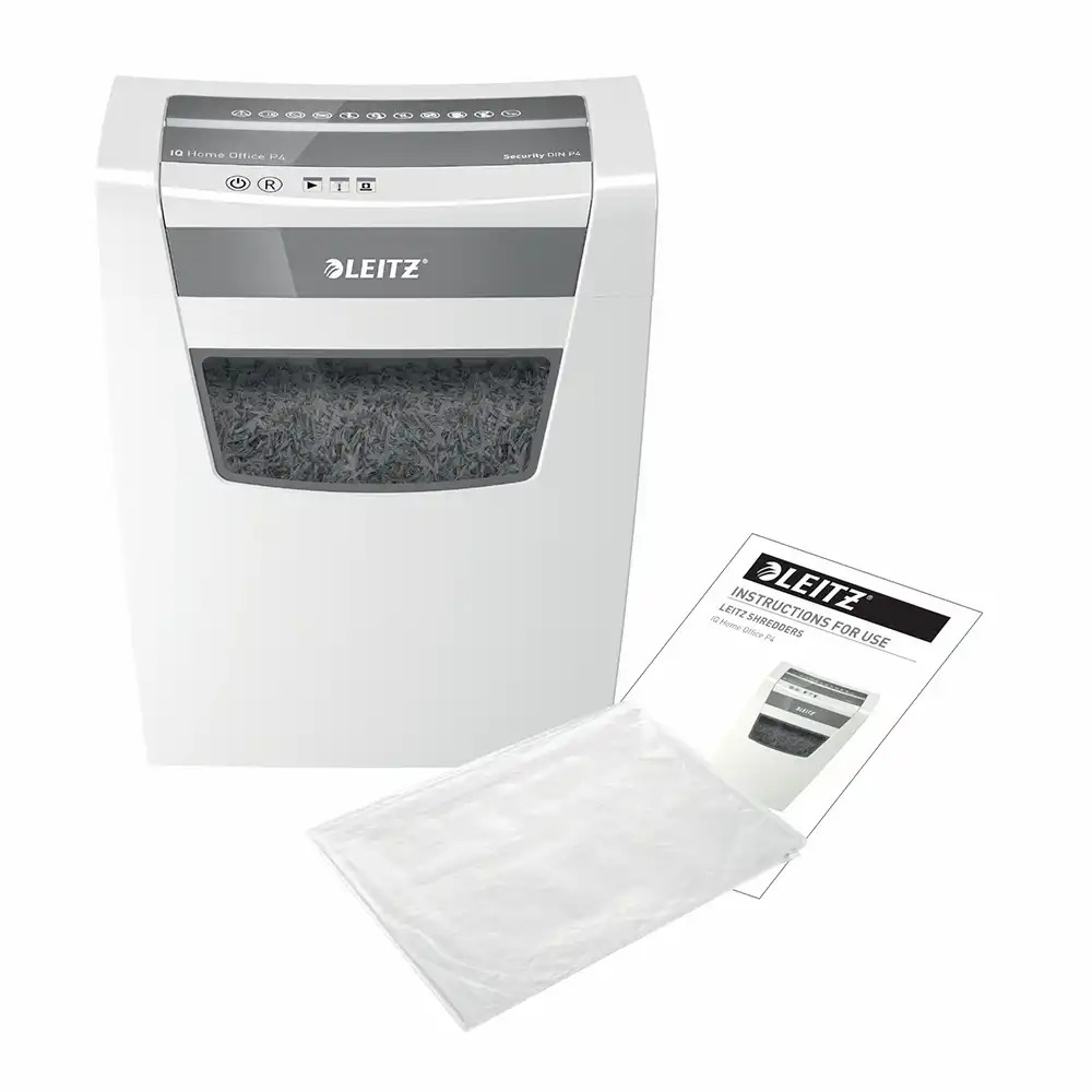 Distrugator documente manual Leitz IQ Home Office, P4, cross-cut (confeti), 10 coli, cos 23l, alb