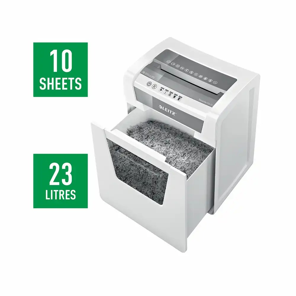 Distrugator documente manual Leitz IQ Office, P5, micro-cut (particule), 10 coli, cos 23l, alb