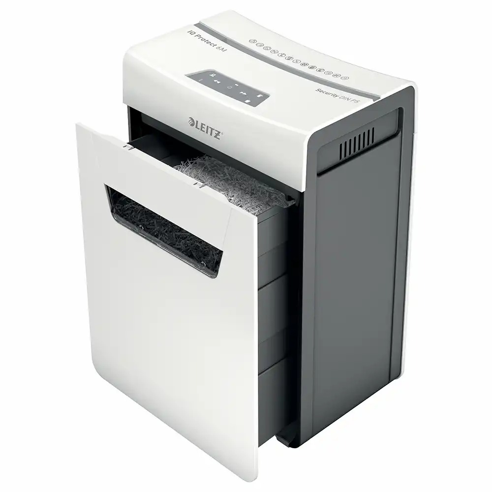 Distrugator documente manual Leitz IQ Protect 6M, P5, micro-cut (particule), 6 coli, cos 18l, alb