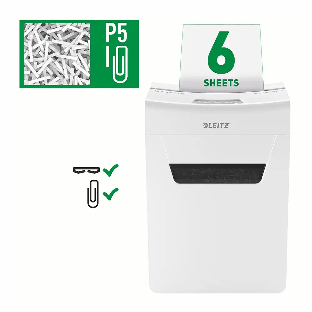 Distrugator documente manual Leitz IQ Protect 6M, P5, micro-cut (particule), 6 coli, cos 18l, alb