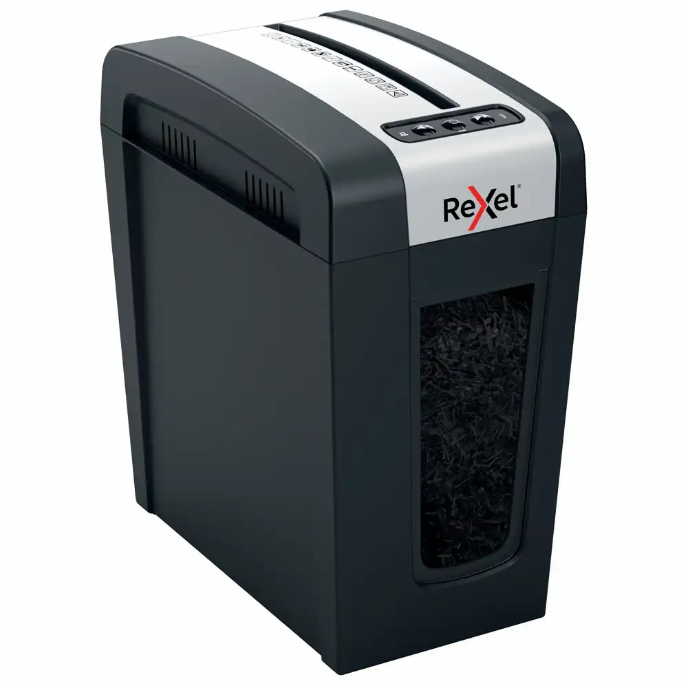 Distrugator documente manual REXEL SECURE MC4 Slim, P5, micro-cut (particule), 4 coli, 14l, negru/argintiu