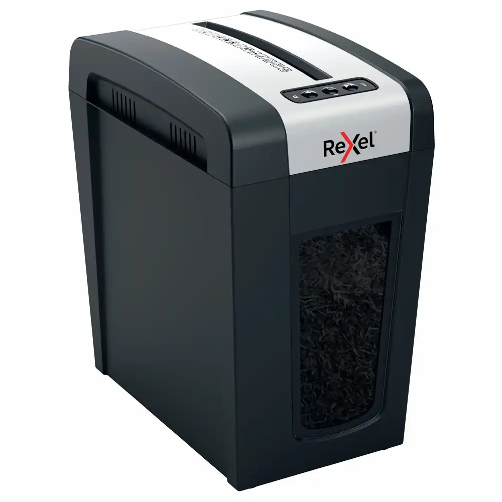 Distrugator documente manual REXEL SECURE MC6 Slim, P5, micro-cut (particule), 6 coli, 18l, negru/argintiu