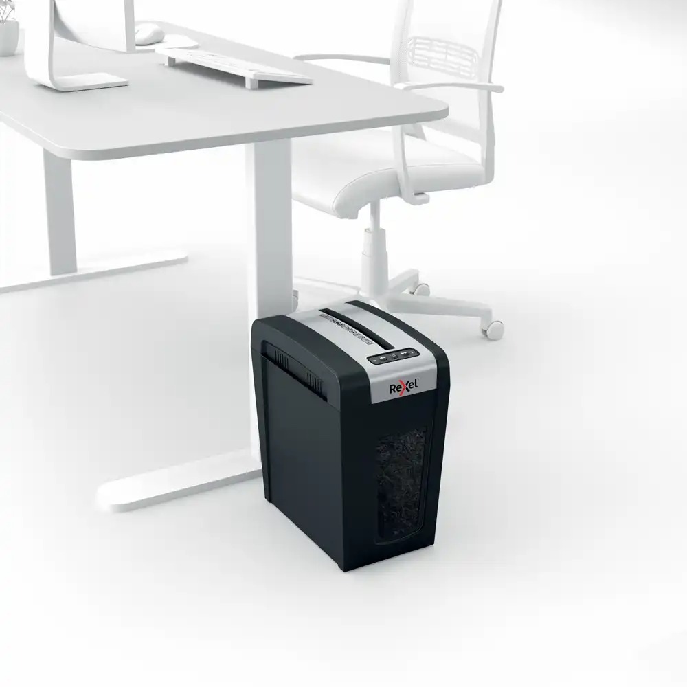 Distrugator documente manual REXEL SECURE MC6 Slim, P5, micro-cut (particule), 6 coli, 18l, negru/argintiu