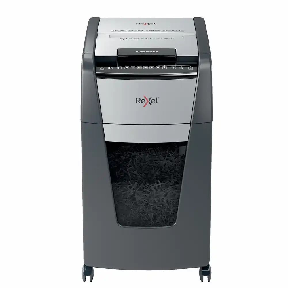Distrugator documente automat REXEL OPTIMUM 300X, P4, cross-cut (confeti), 300 coli, cos 60l, negru-gri