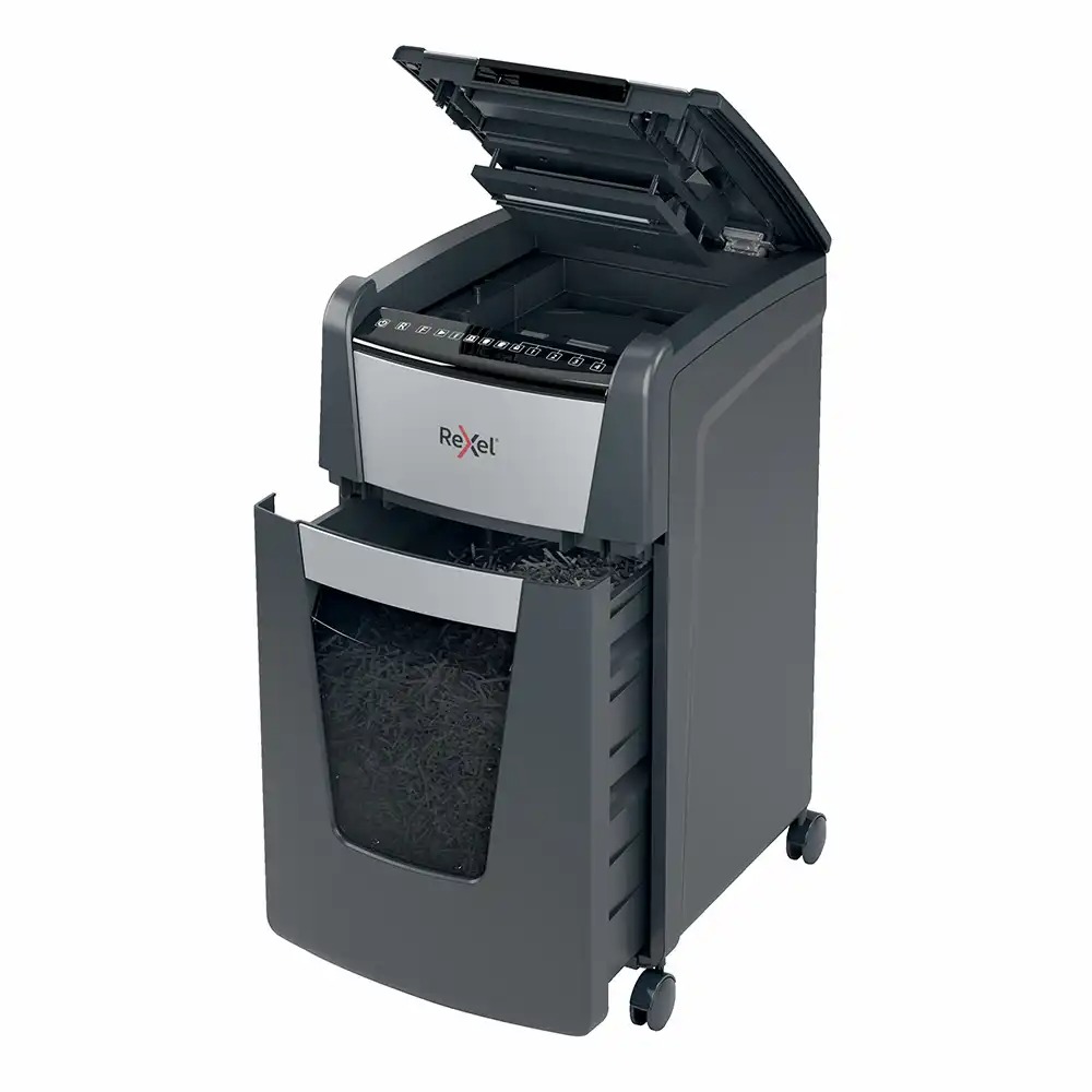 Distrugator documente automat REXEL OPTIMUM 300X, P4, cross-cut (confeti), 300 coli, cos 60l, negru-gri