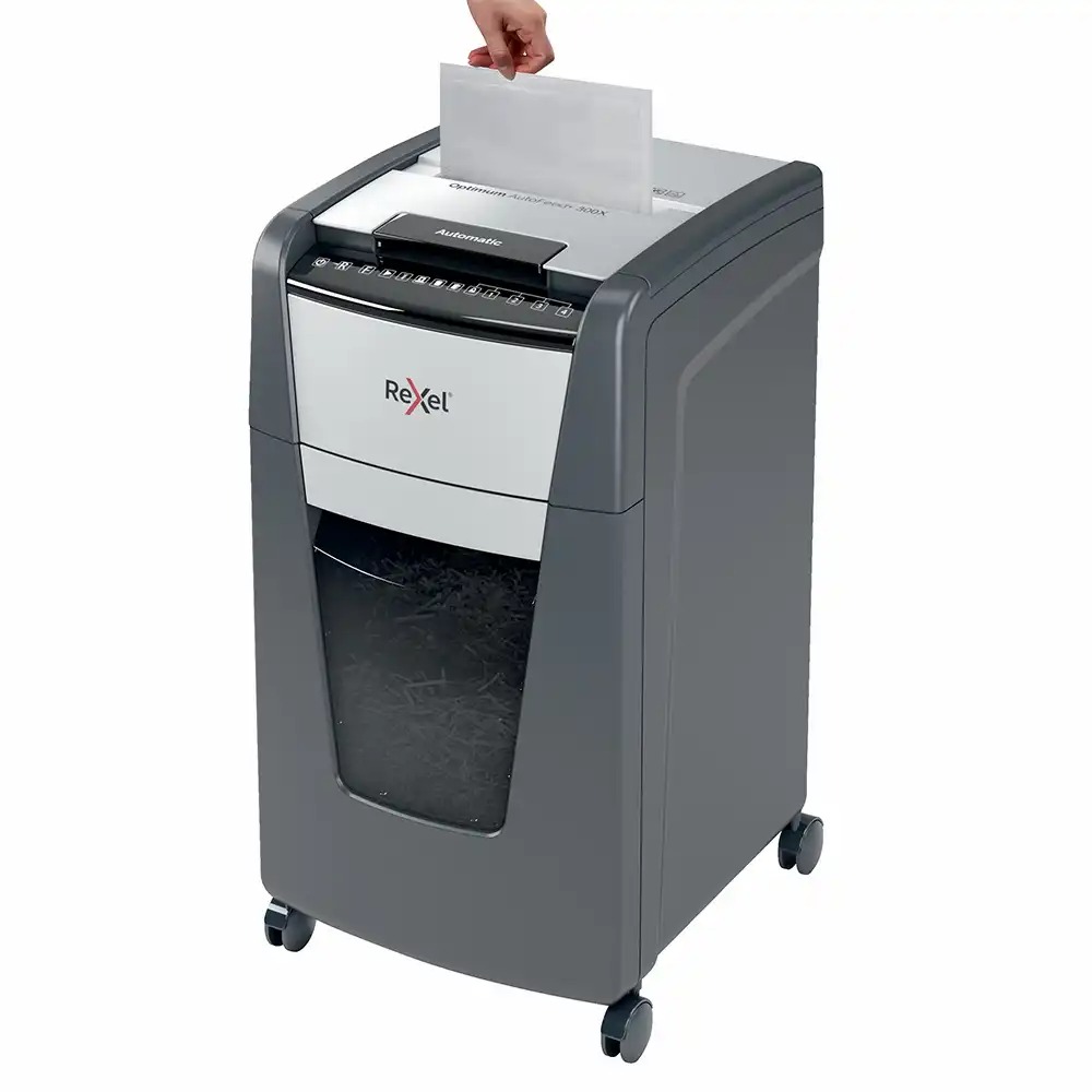 Distrugator documente automat REXEL OPTIMUM 300X, P4, cross-cut (confeti), 300 coli, cos 60l, negru-gri