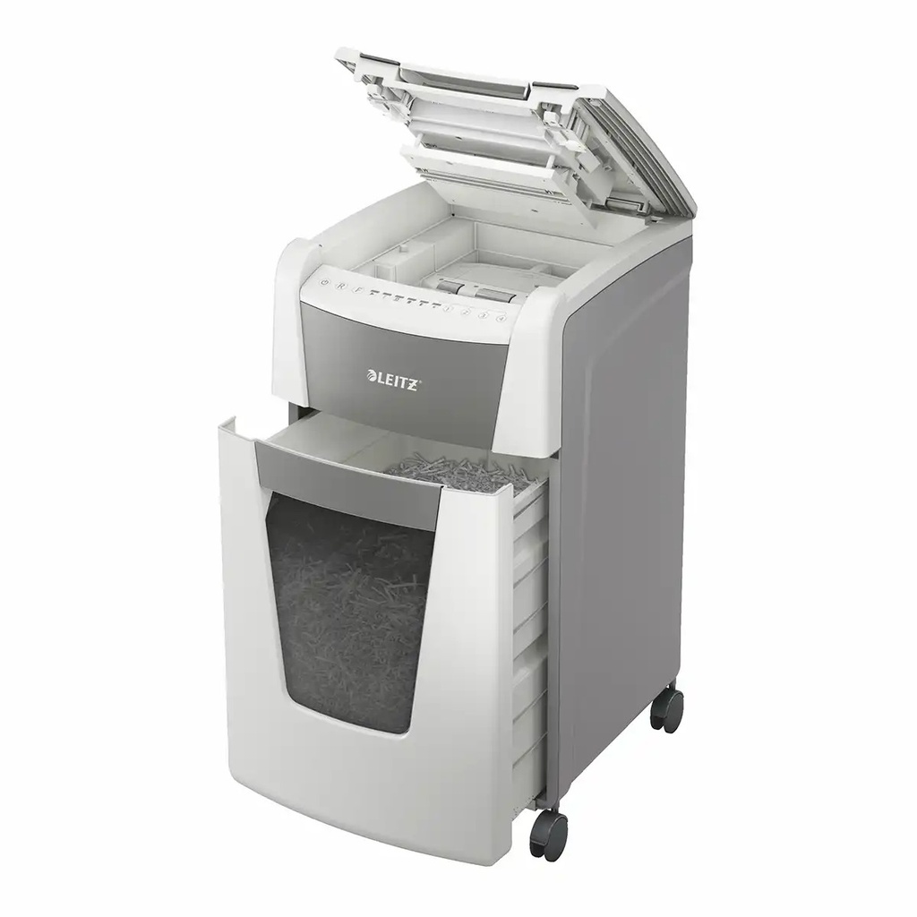 Distrugator documente automat Leitz IQ Office, P4, cross-cut (confeti), 300 coli, cos 60l, alb-gri