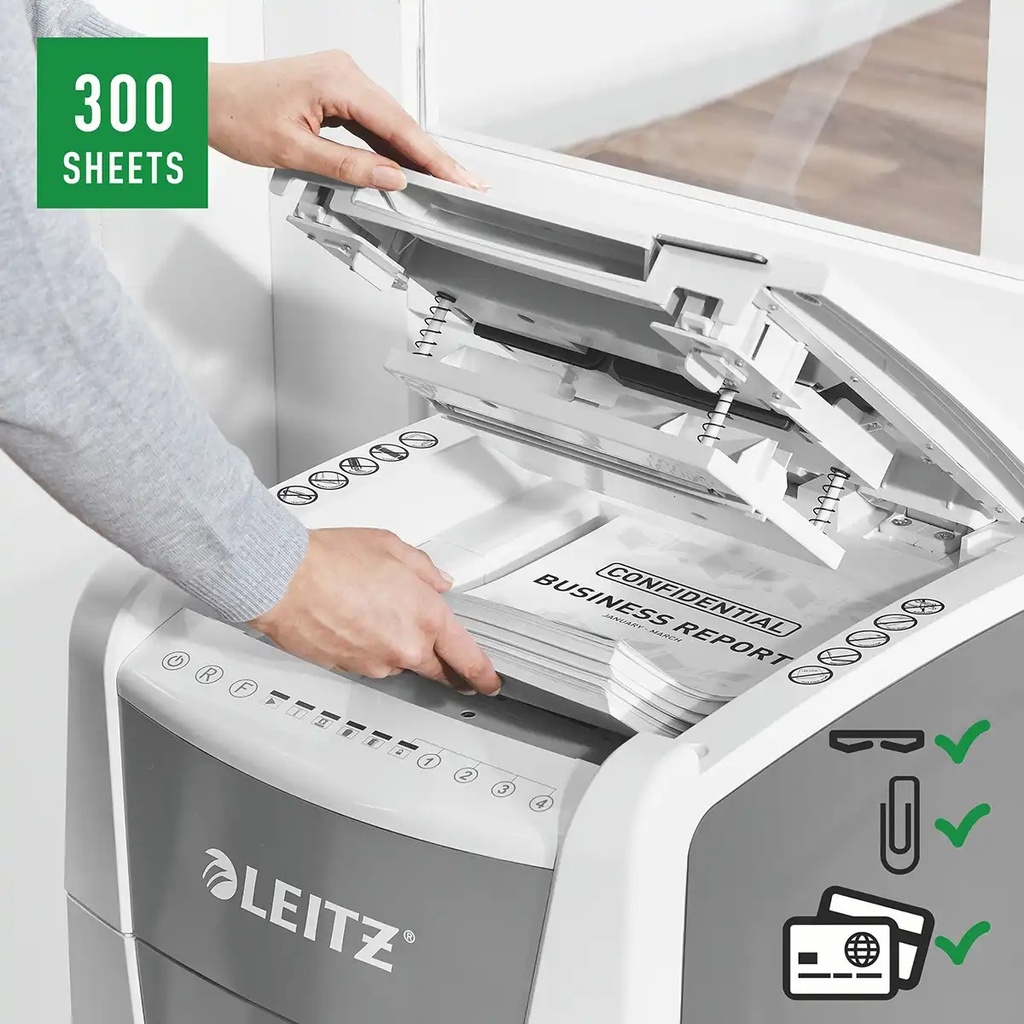 Distrugator documente automat Leitz IQ Office, P4, cross-cut (confeti), 300 coli, cos 60l, alb-gri