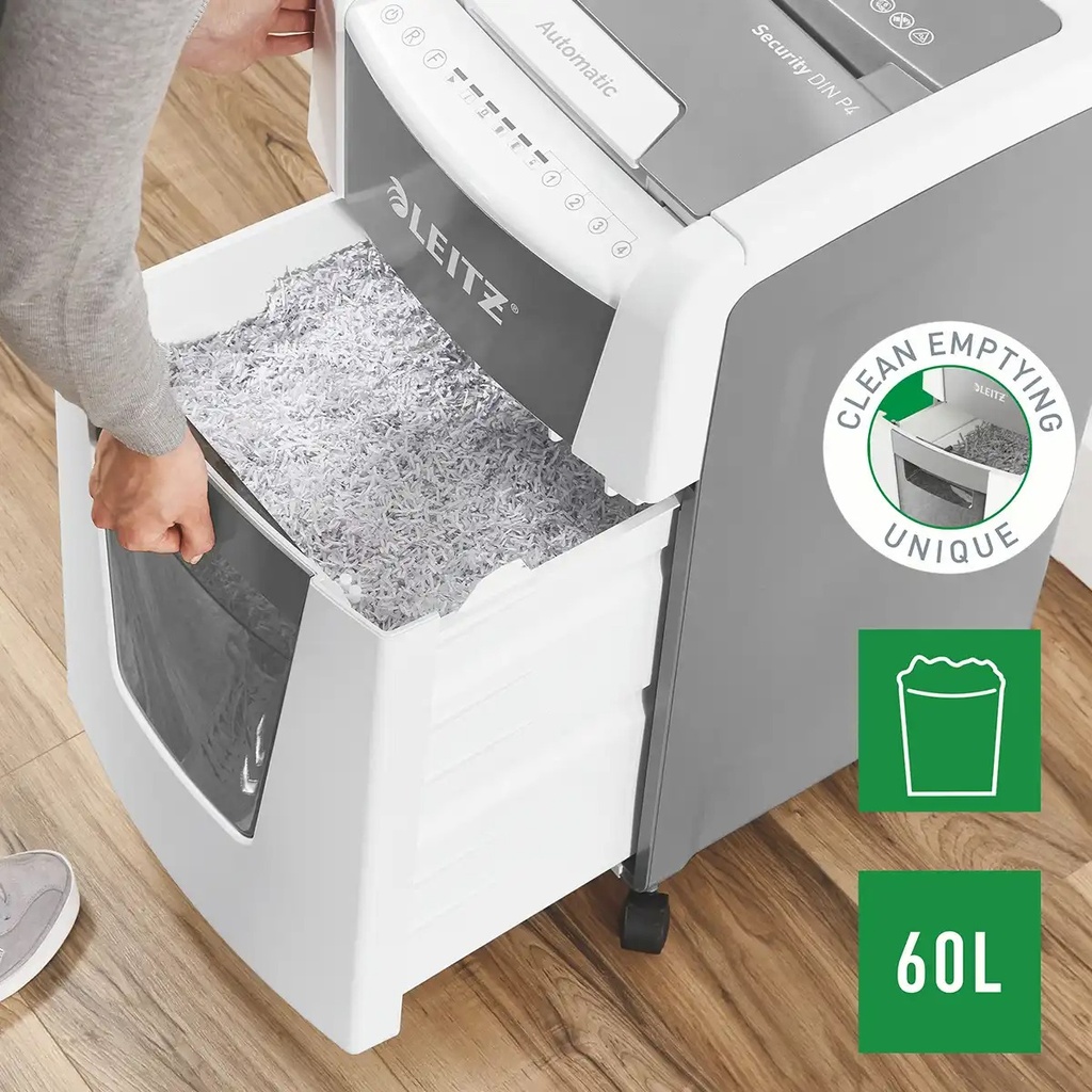 Distrugator documente automat Leitz IQ Office, P4, cross-cut (confeti), 300 coli, cos 60l, alb-gri