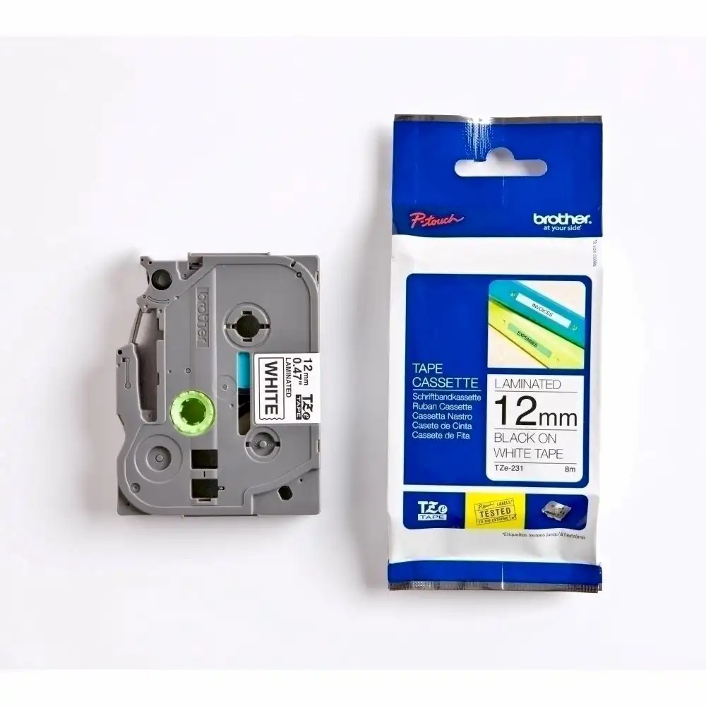 Banda Brother TZE231, 12 mm, negru/alb