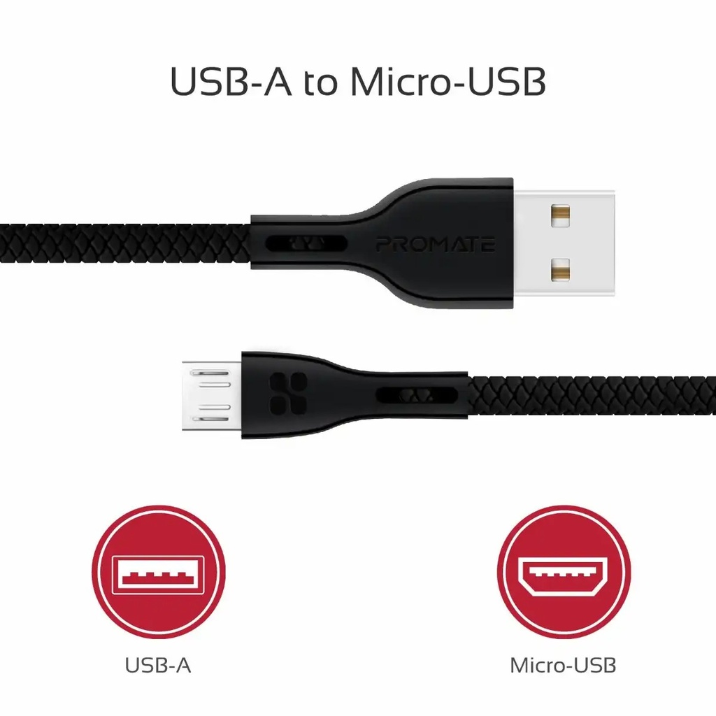 Cablu date Promate Powerbeam-M, microUSB, USB-A, Negru