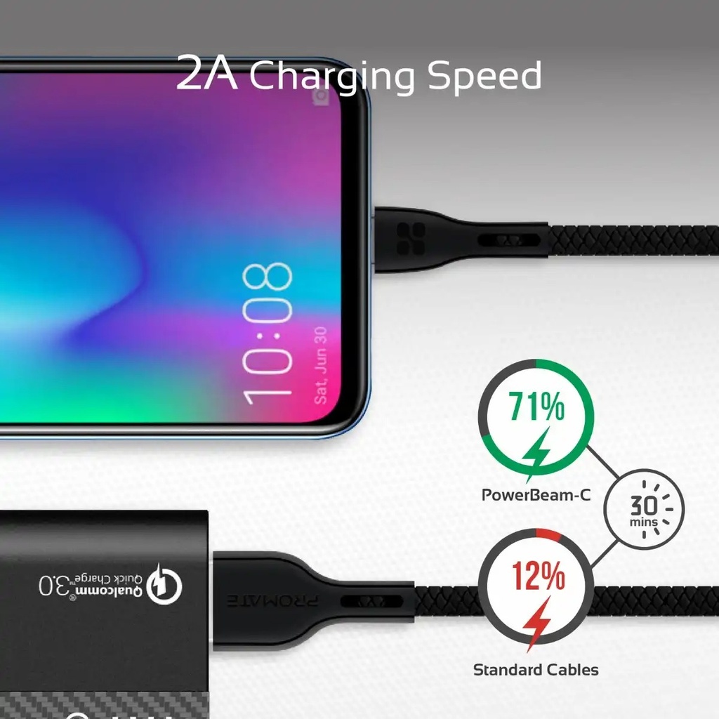 Cablu date Promate Powerbeam-M, microUSB, USB-A, Negru