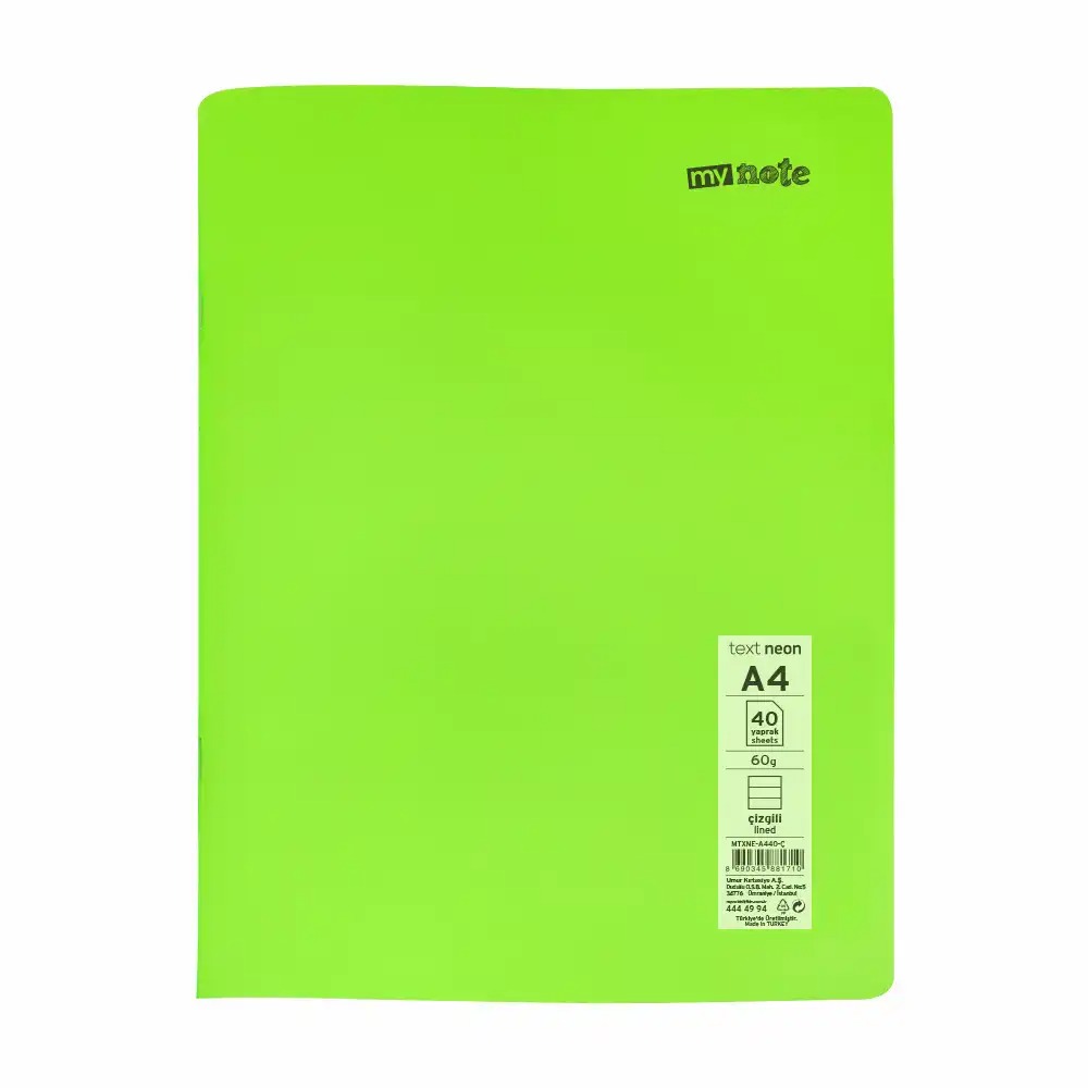 Caiet capsat Mynote, format A4, 40 file offset 60 g/mp, liniatura dictando, coperta PP neon, mix de 8 culori
