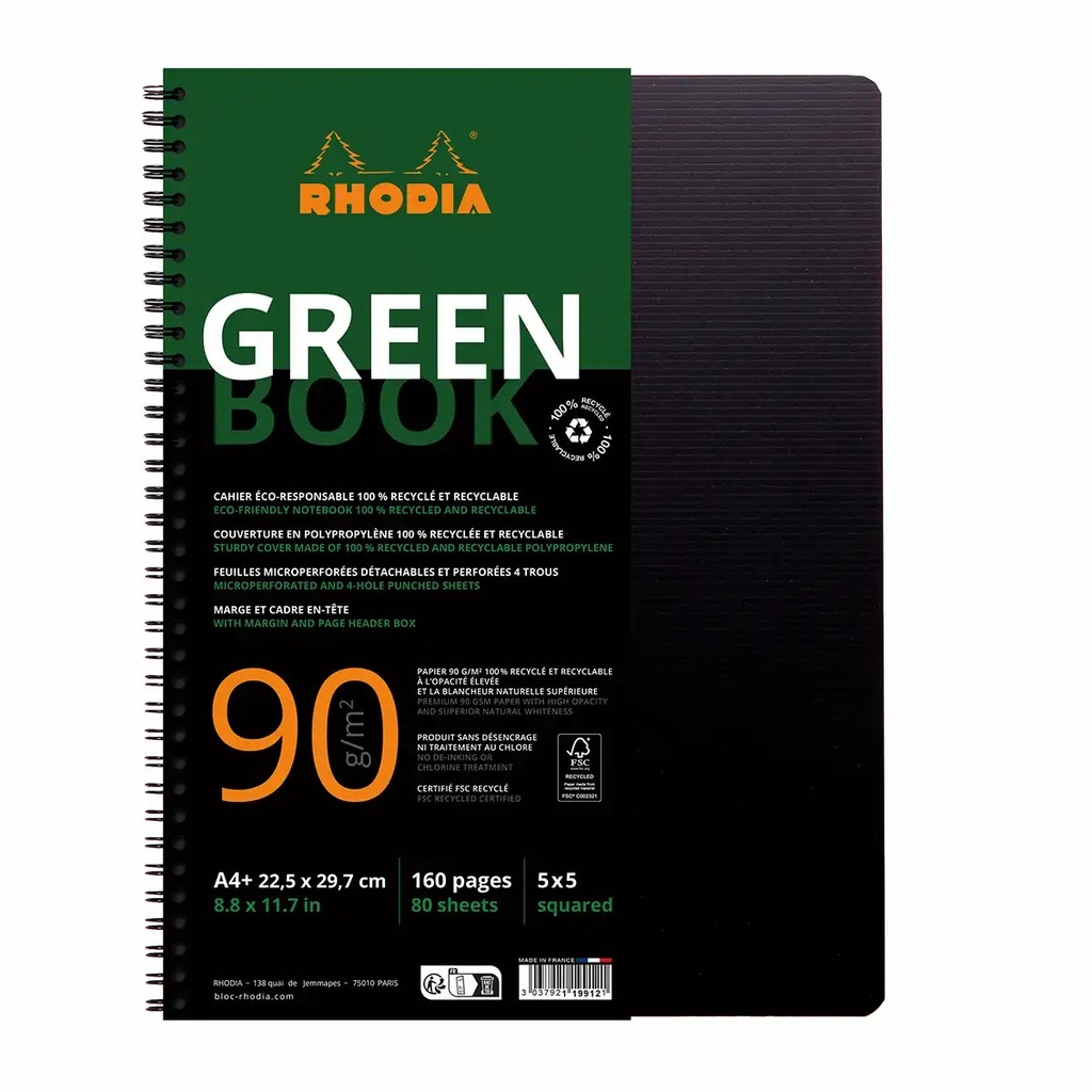 Caiet cu spira A4+ Rhodiactive, 80 file, matematica, reciclat, indosariere, negru