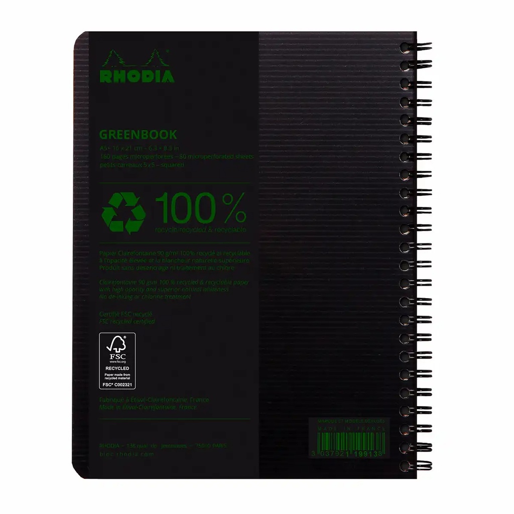 Caiet cu spira A5+ Rhodiactive, 80 file, matematica, reciclat, indosariere, negru
