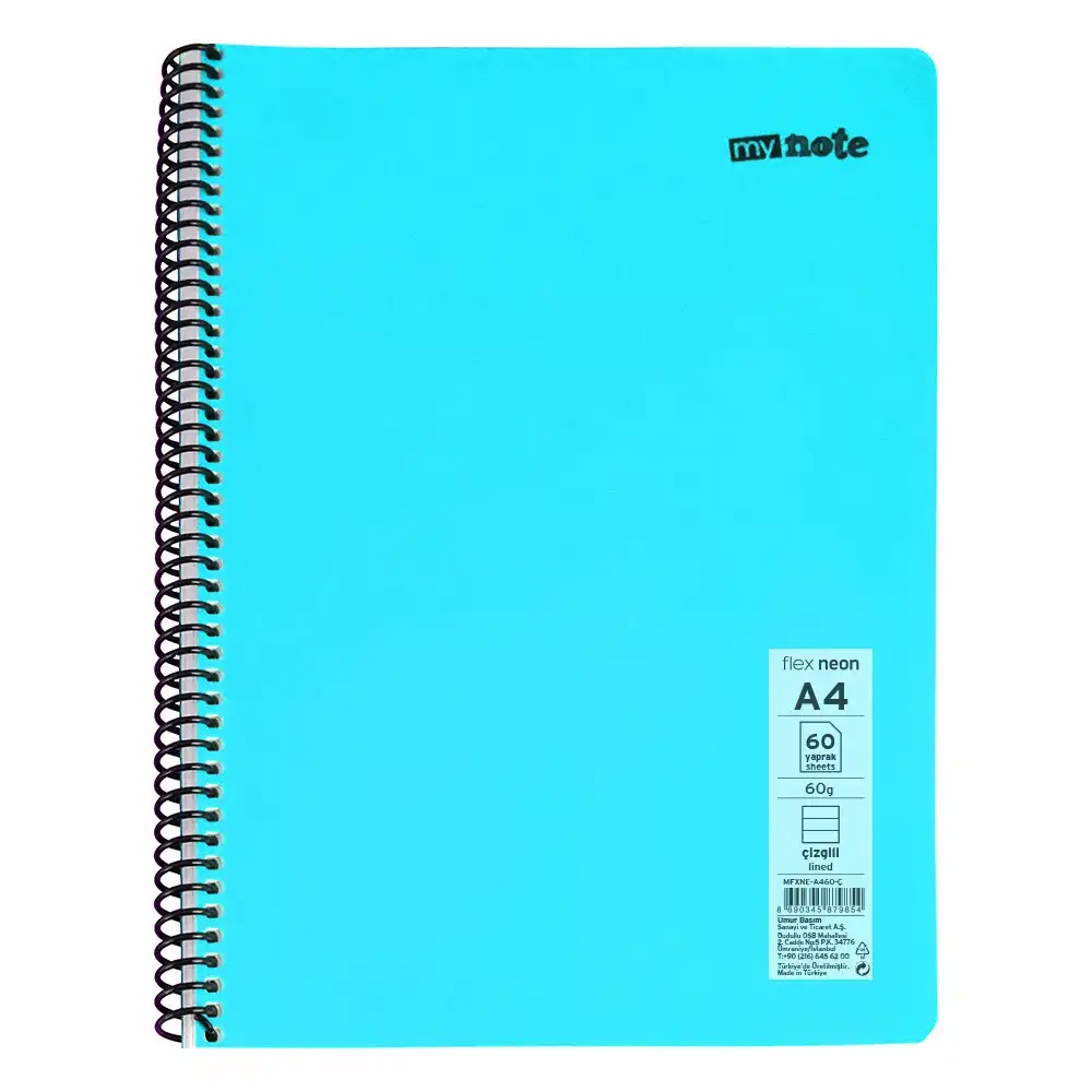 Caiet cu spira Mynote, format A4, 60 file offset 60 g/mp, liniatura dictando, coperta PP neon, mix de 8 culori