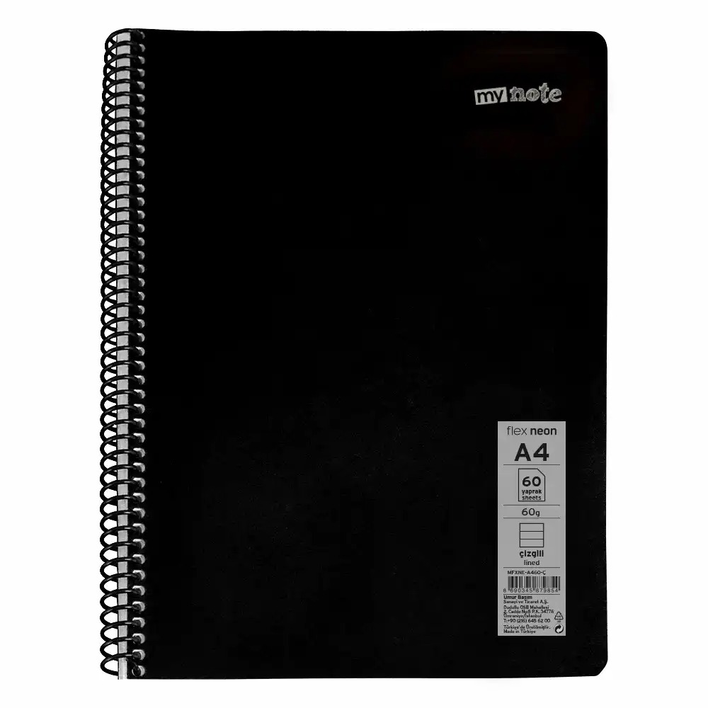 Caiet cu spira Mynote, format A4, 60 file offset 60 g/mp, liniatura dictando, coperta PP neon, mix de 8 culori