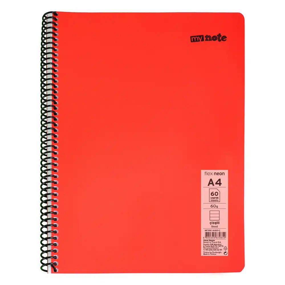 Caiet cu spira Mynote, format A4, 60 file offset 60 g/mp, liniatura dictando, coperta PP neon, mix de 8 culori