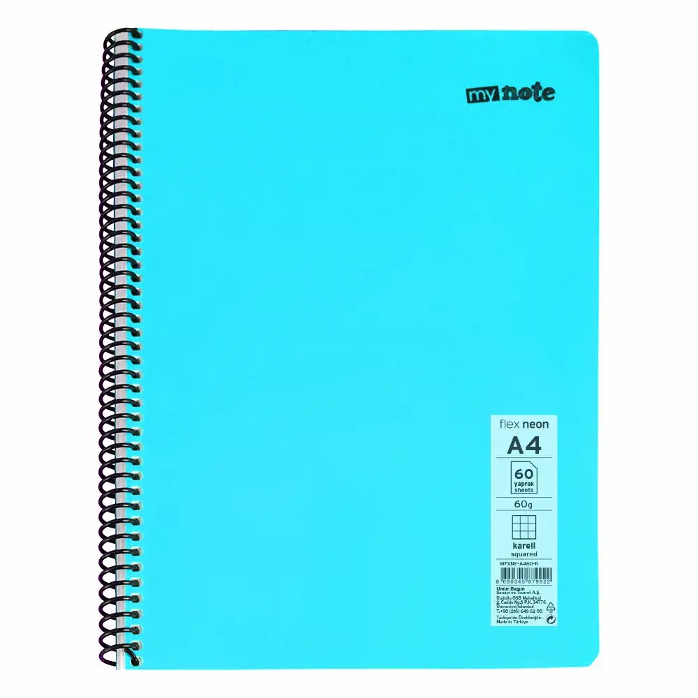Caiet cu spira Mynote, format A4, 60 file offset 60 g/mp, liniatura matematica, coperta PP neon, mix de 8 culori