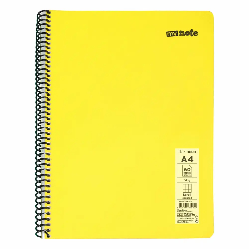 Caiet cu spira Mynote, format A4, 60 file offset 60 g/mp, liniatura matematica, coperta PP neon, mix de 8 culori