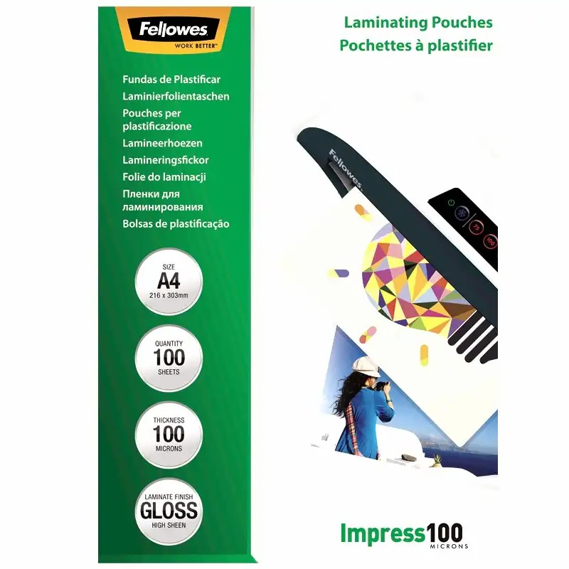 Folie pentru laminare Fellowes 100 microni A4, 100 coli/top, protectie excelenta pentru documente - Ideal pentru birou si scoala