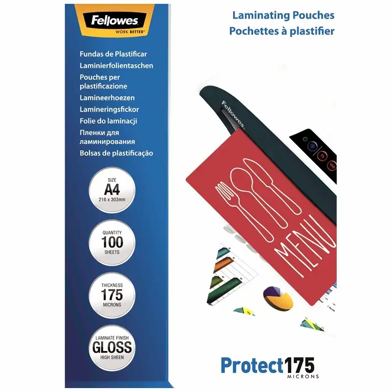 Folie laminare Fellowes 175 microni A4, 100 coli/top, protectie durabila