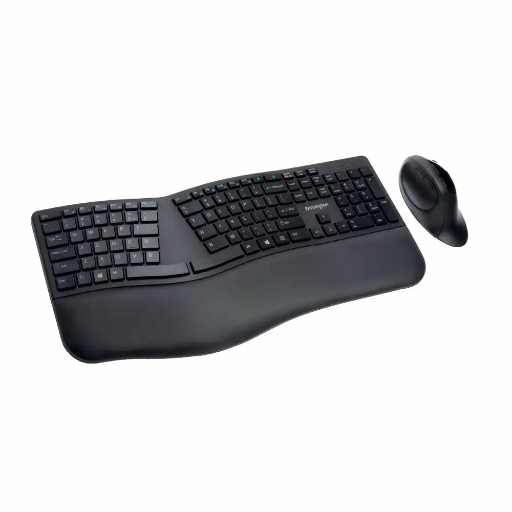 Kit tastatura + mouse Kensington ProFit Ergo, wireless, negru, ergonomic, cu suport pentru incheietura, conexiune duala, tastare silentioasa, mouse...