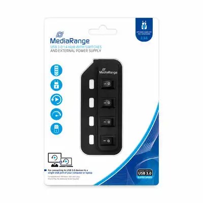 Hub USB MediaRange cu 4 porturi USB 3.0 si comutatoare de alimentare, transfer rapid de date, 5 Gbit/s, alimentare externa, culoare neagra