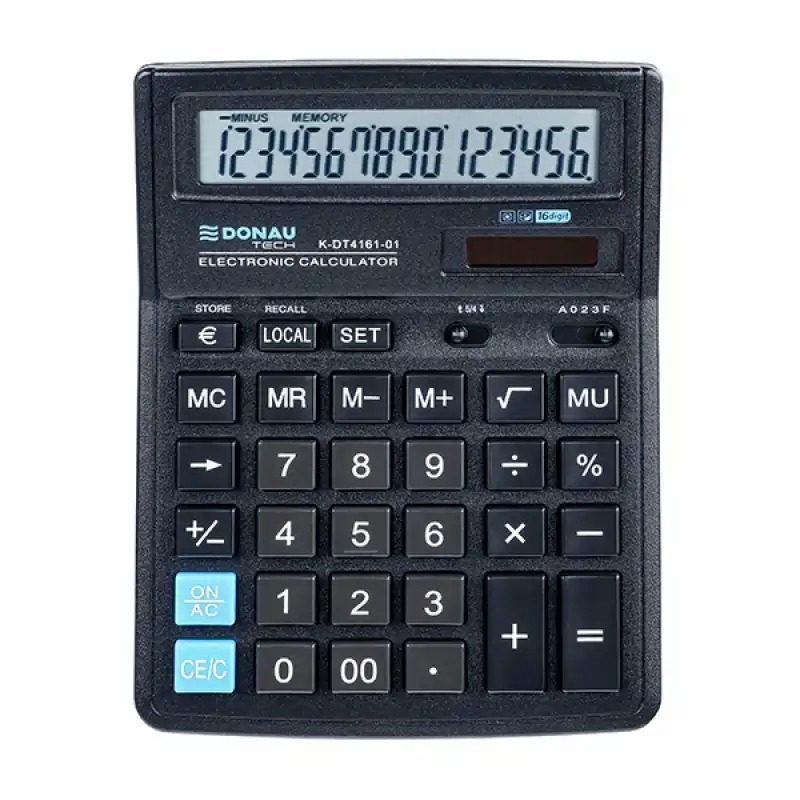 Calculator de birou Donau Tech, 16 digiti, alimentare duala, functii variate, oprire automata, 190 x 143 x 40 mm, negru