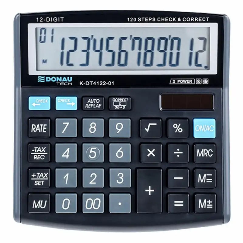 Calculator de birou Donau Tech, 12 digiti, alimentare duala, oprire automata, 136 x 134 x 28 mm, negru, garantie 5 ani