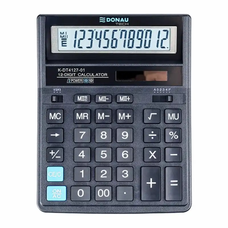 Calculator de birou Donau Tech, 12 digiti, alimentare duala, oprire automata, negru, garantie 5 ani