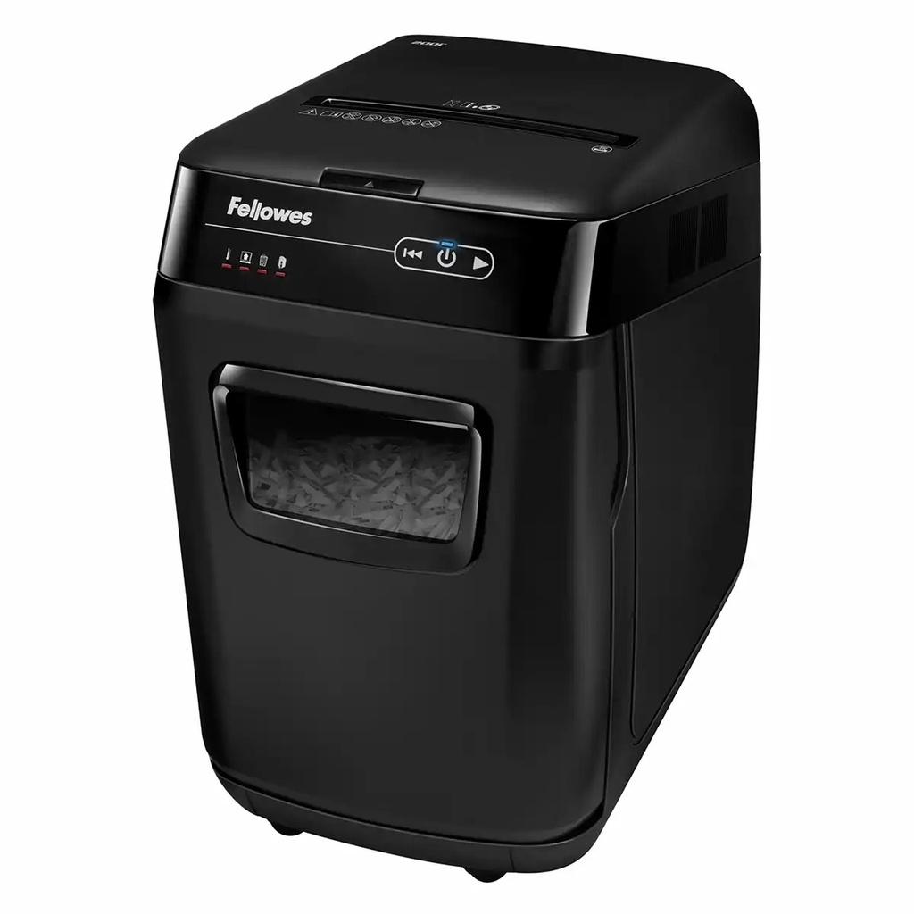 Distrugator de documente Fellowes Automax 200C, cross-cut, tehnologie automata, SilentShred, capacitate 200 coli, CD-uri/DVD-uri, negru