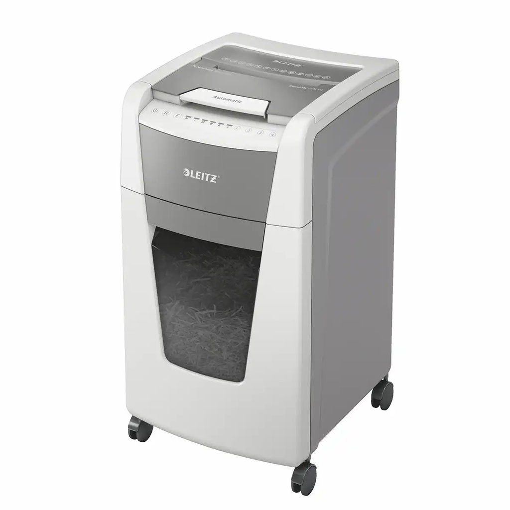Distrugator documente automat Leitz IQ Office, P4, cross-cut, 300 coli, 60l, alb-gri, Eco Sleep