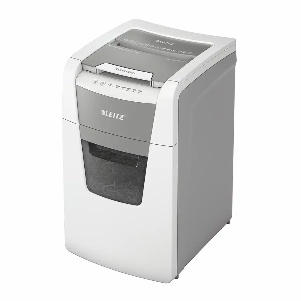 Distrugator documente automat Leitz IQ Office, P4, cross-cut, 150 coli, 44l, alb-gri, Eco Sleep, silentios