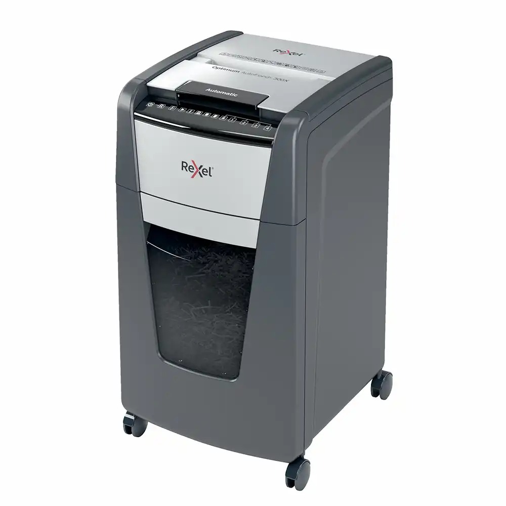 Distrugator documente automat REXEL OPTIMUM 300X, P4, cross-cut, 300 coli, 60l, negru-gri, silentios, anti-blocare