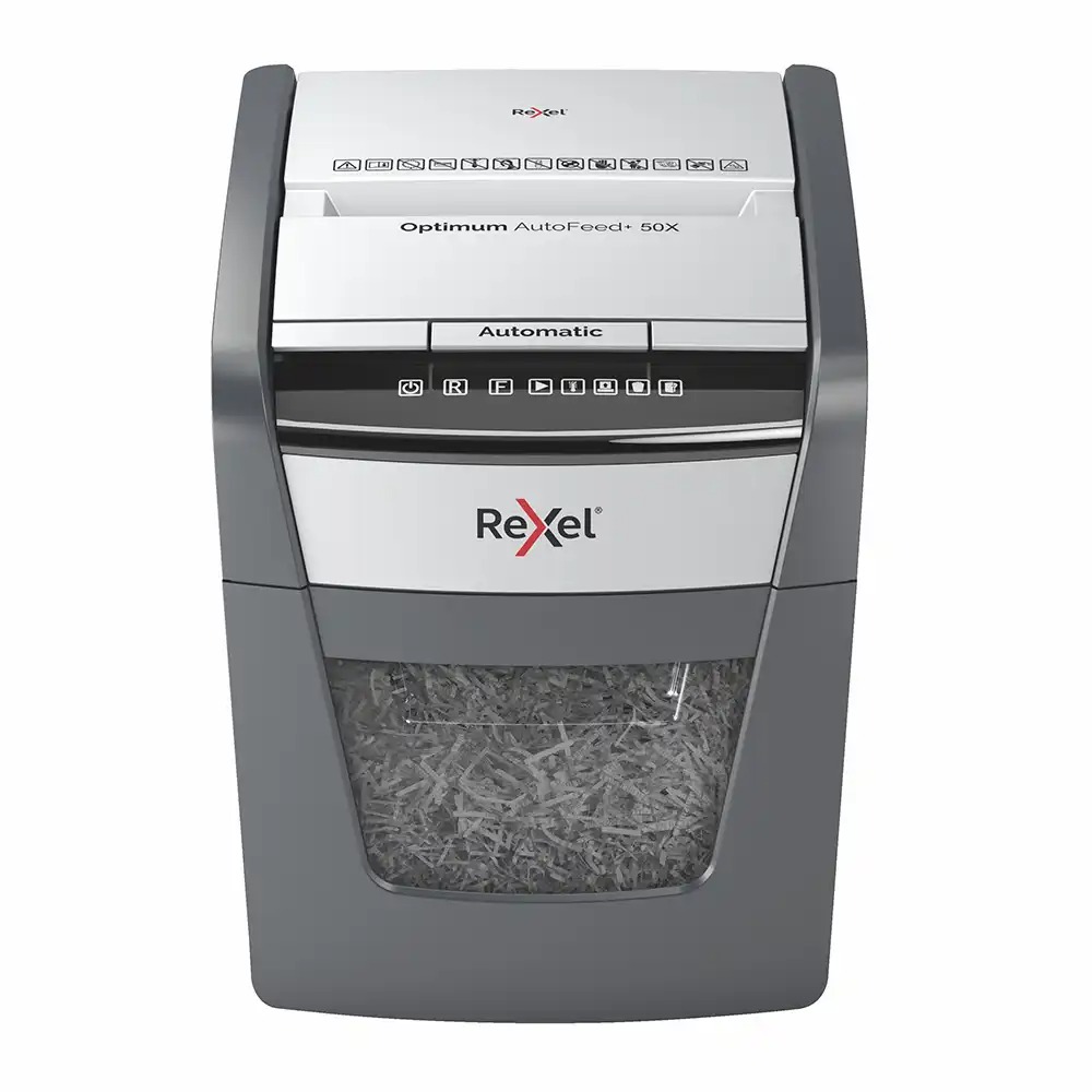 Distrugator documente automat Rexel Optimum 50X, P4, 50 coli, cos 20l, negru-gri, Tehnologie Anti-Blocare, Silentios