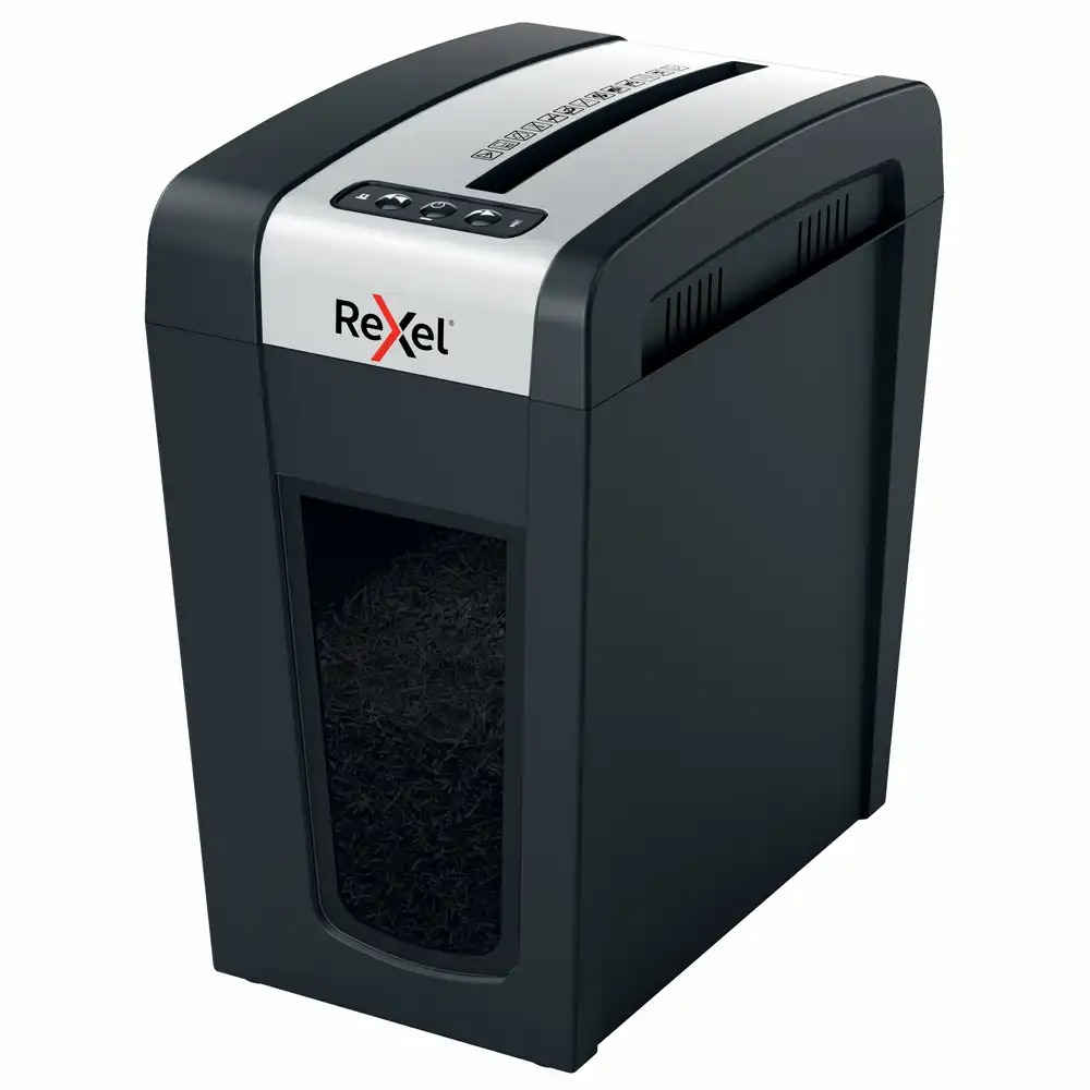 Distrugator documente manual REXEL SECURE MC6 Slim, P5, 6 coli, 18l, Negru/Argintiu, Whisper-ShredTM, Silentios