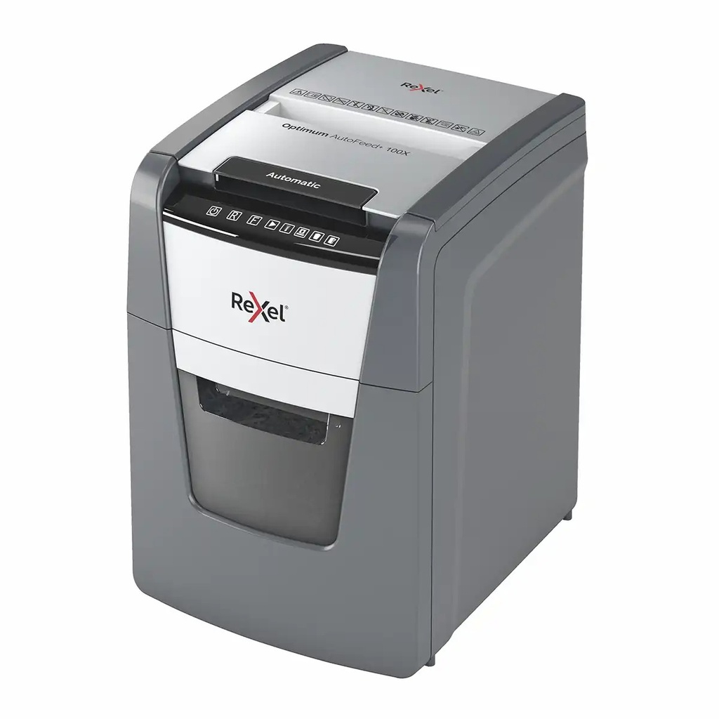 Distrugator documente automat Rexel Optimum 100X, P4, cros-cut, 100 coli, capacitate 34L, anti-blocare, negru, garantie 2 ani
