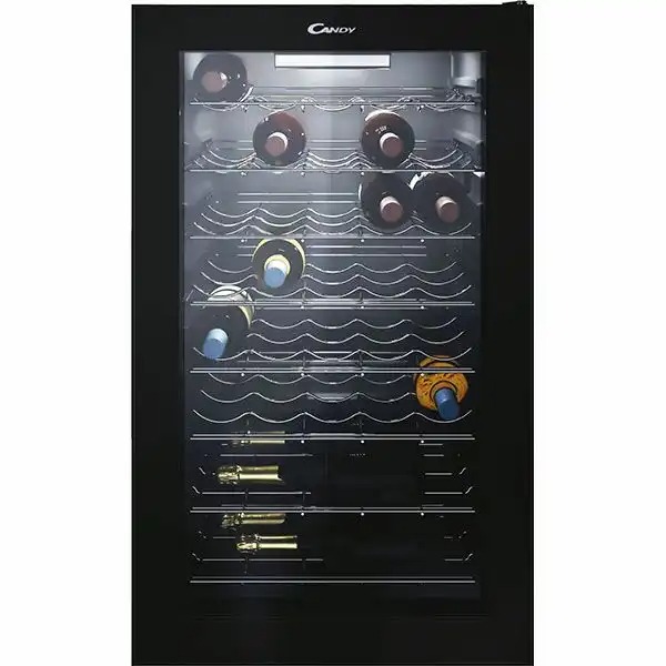 Racitor de vinuri Candy CWC 150EM/N, 41 sticle, H 85 cm, Clasa G, Negru, LED, Control Temperatura, Rafturi Otel Inoxidabil