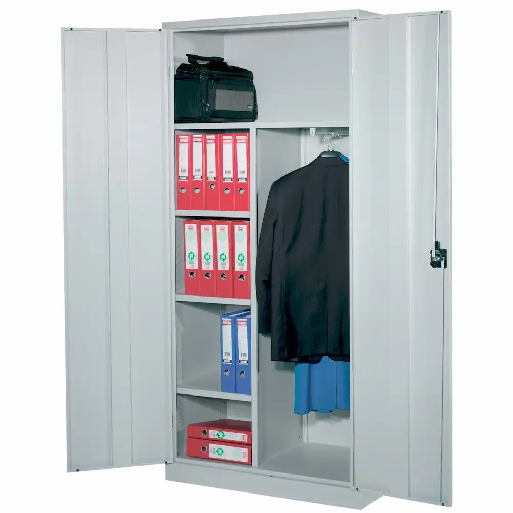 Dulap metalic Ceha gri, 92x50x195 cm, cu spatiu pentru haine si 3 polite, usi ranforsate si vopsit in camp electrostatic