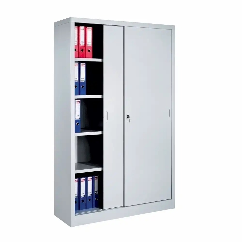 Dulap metalic Ceha, gri, 120x42x195 cm, 2 usi culisante si 4 polite, vopsit electrostatic, capacitate 60 kg/polita
