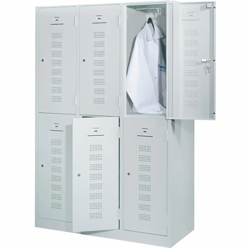 Vestiar metalic 6 usi/3 canate 118.5x50x194.5 cm gri, rezistent la coroziune, cu yala individuala - ideal pentru organizare si securitate