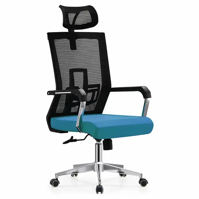 Scaun ergonomic Lucas mesh cu tetiera, albastru, suport lombar, brate cromate, 120 kg