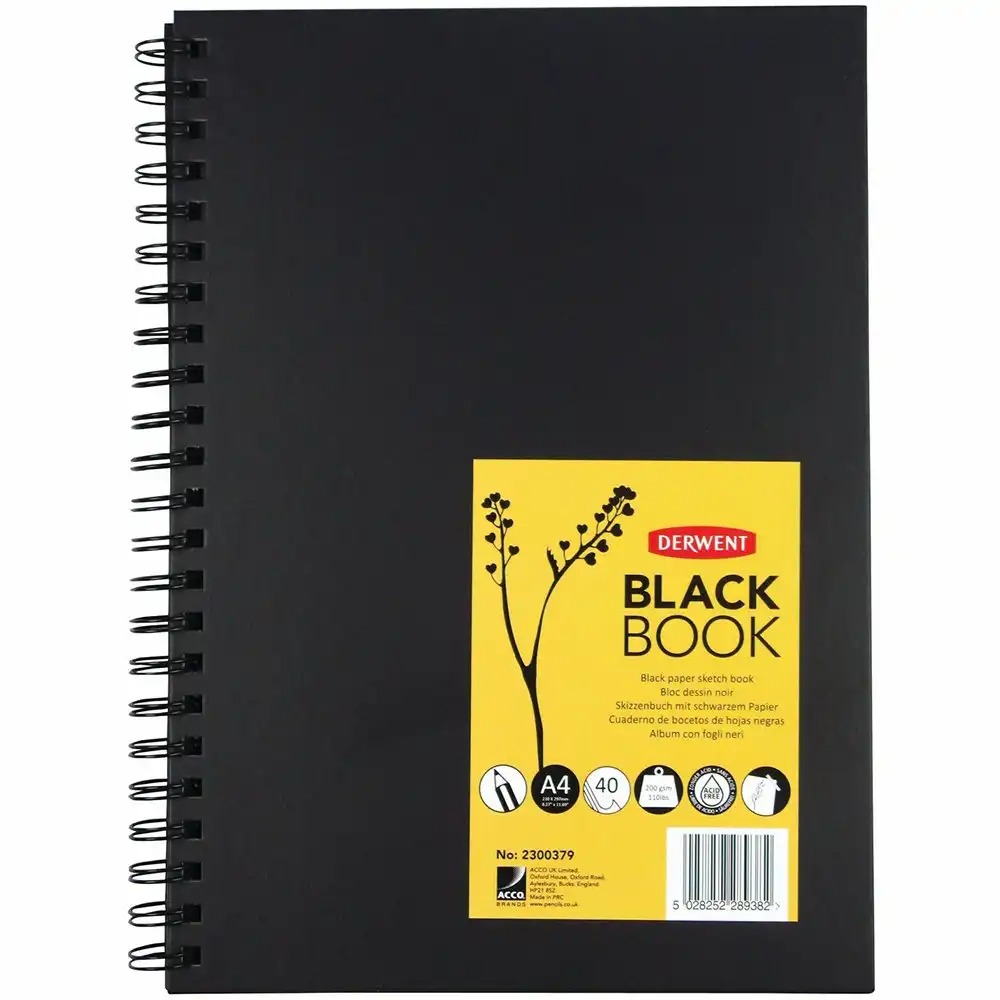 Caiet schite Derwent A4, 200g/mp, 40 file, hartie neagra pentru acuarela - ideal pentru artisti si desenatori