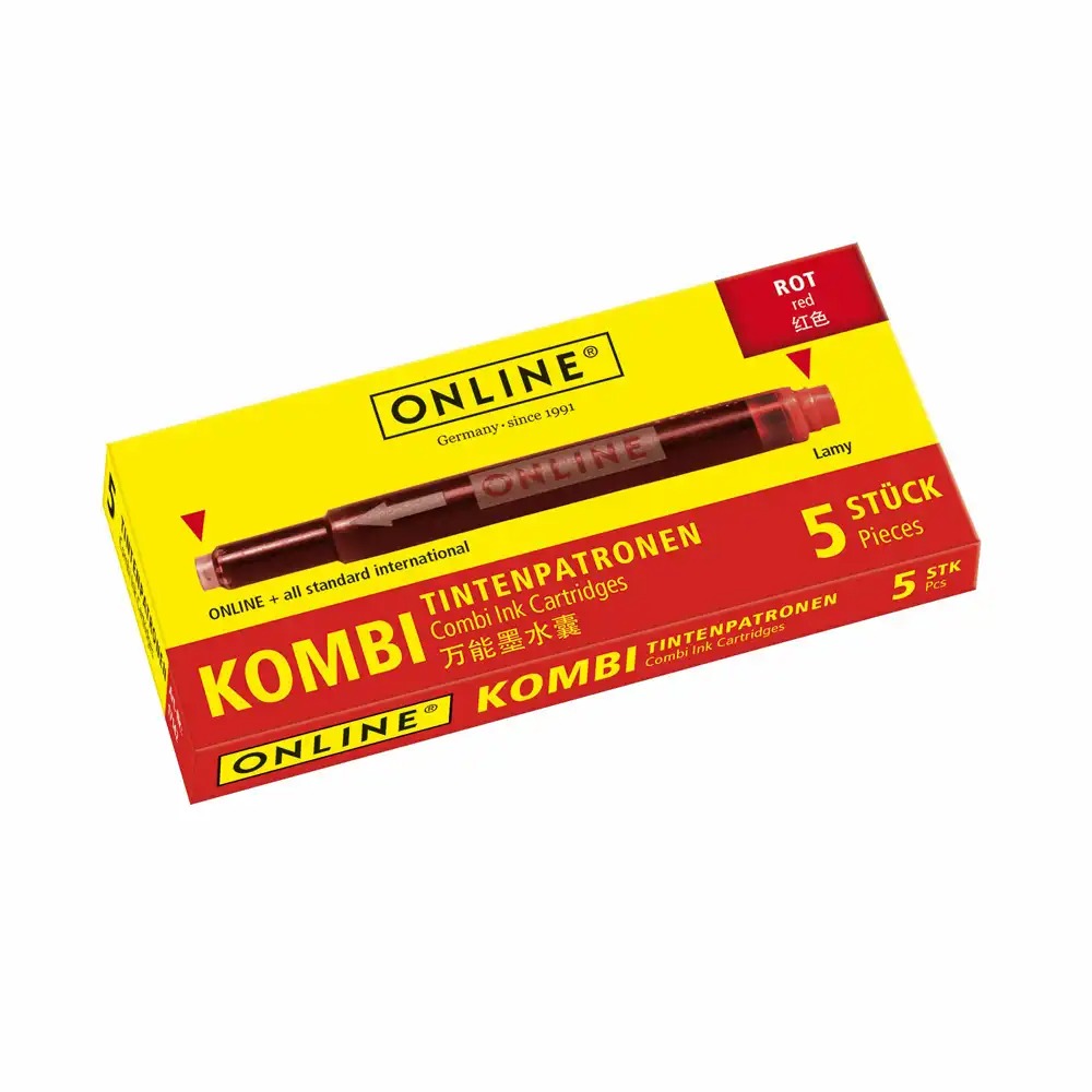 Cartuse cerneala Online Combi, rosu, set 5 buc, compatibile cu stilouri Online si Lamy